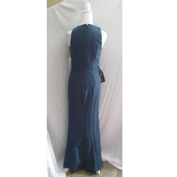 NEW KAY UNGER Prussian Blue TALIA Stretch Crepe PLEATED HALTER Column GOWN 2 - Picture 8 of 12